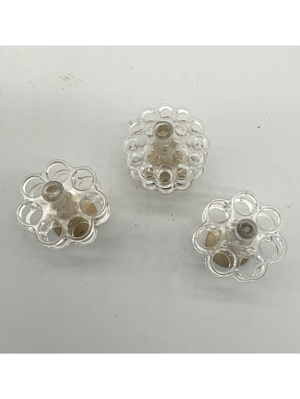 Set of 3 Vintage Plastic Flower Frogs With Cork Base Clear Daisy Style 2" Tall